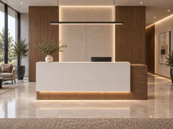Prima Reception Desk Natural Oat Front View Prima Reception Desk Natural Oat Front View
