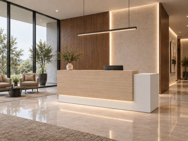 Prima Reception Desk Pure White Angled View Prima Reception Desk Pure White Angled View