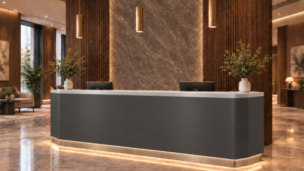 Vectra Reception Desk Dark Charcoal Angled View