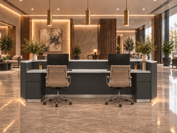 Vectra Reception Desk Dark Charcoal Rear View Vectra Reception Desk Dark Charcoal Rear View