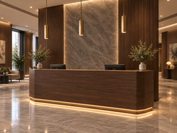 Vectra Reception Desk Dark Walnut Angled View Vectra Reception Desk Dark Walnut Angled View