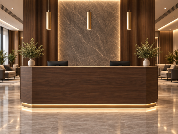 Vectra Reception Desk Dark Walnut Front View Vectra Reception Desk Dark Walnut Front View