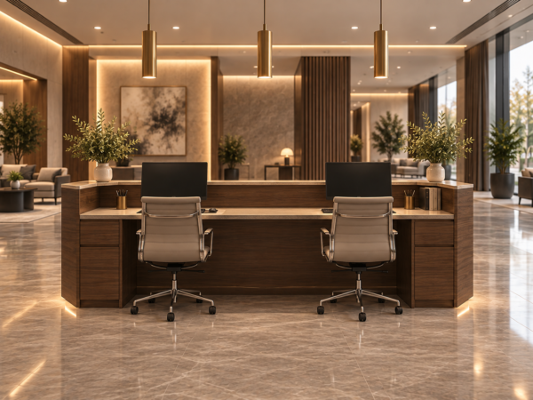 Vectra Reception Desk Dark Walnut Rear View Vectra Reception Desk Dark Walnut Rear View
