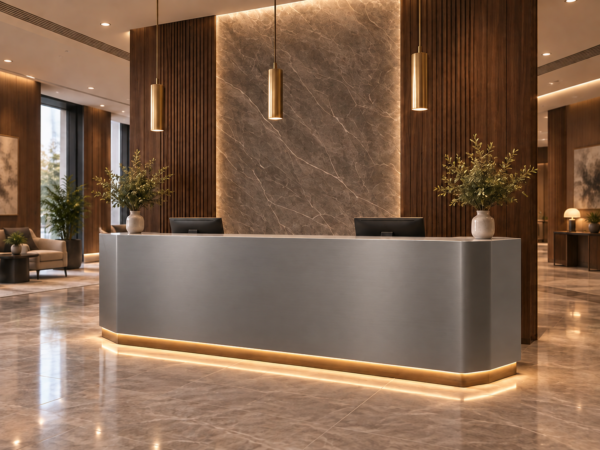 Vectra Reception Desk Metallic Grey Angled View Vectra Reception Desk Metallic Grey Angled View