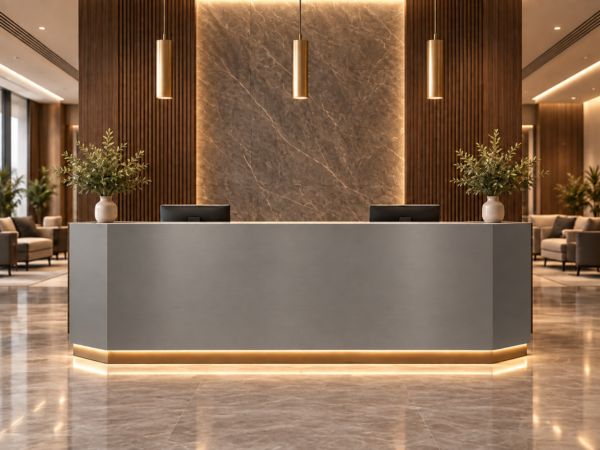 Vectra Reception Desk Metallic Grey Front View Vectra Reception Desk Metallic Grey Front View