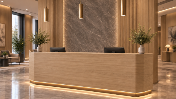 Vectra Reception Desk Natural Oat Angled View Vectra Reception Desk Natural Oat Angled View