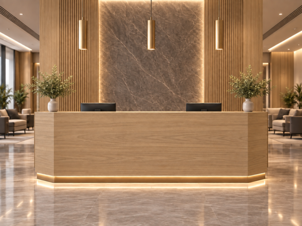 Vectra Reception Desk Natural Oat Front View Vectra Reception Desk Natural Oat Front View