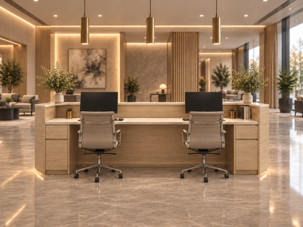 Vectra Reception Desk Natural Oat Rear View Vectra Reception Desk Natural Oat Rear View