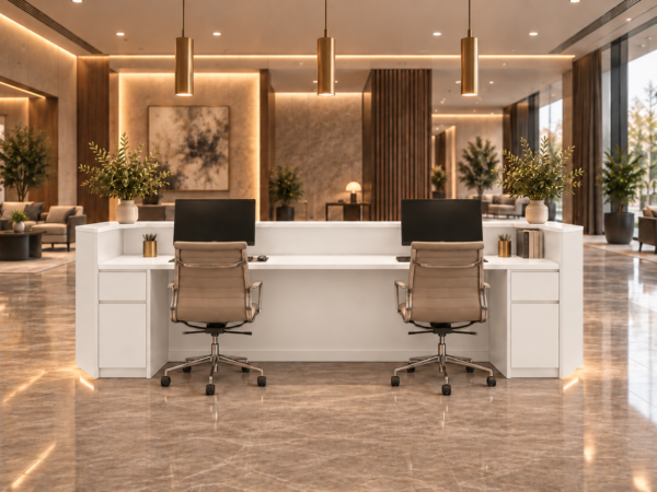 Vectra Reception Desk Pure White Rear View Vectra Reception Desk Pure White Rear View